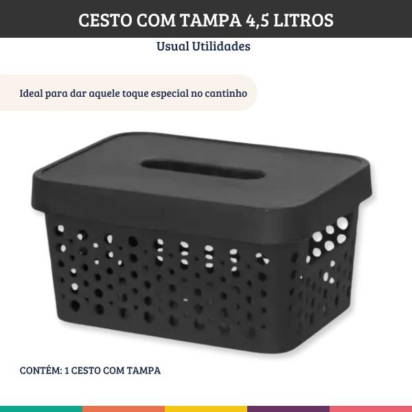 Imagem de Cesto Preto 4,5 Litros Com Tampa Caixa Organizadora Usual