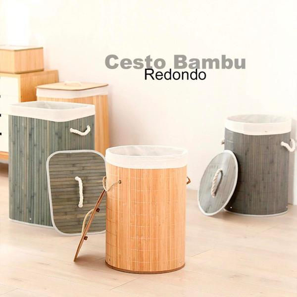 Imagem de Cesto Redondo de Bambu Rústico Tampa Organizador Decorativo Multiuso Roupas Sujas Forrado Dobrável Ideal Lavanderia Banh