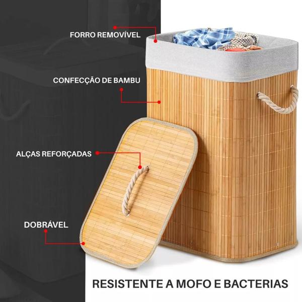 Imagem de Cesto Roupa Roupeiro Organizador Bambu 40X30X60Cm 72L Sk0227