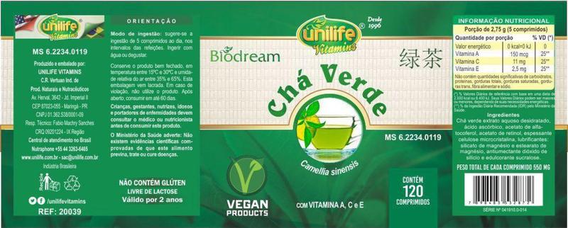 Imagem de Chá Verde C/ Vitaminas 120 comps - Unilife