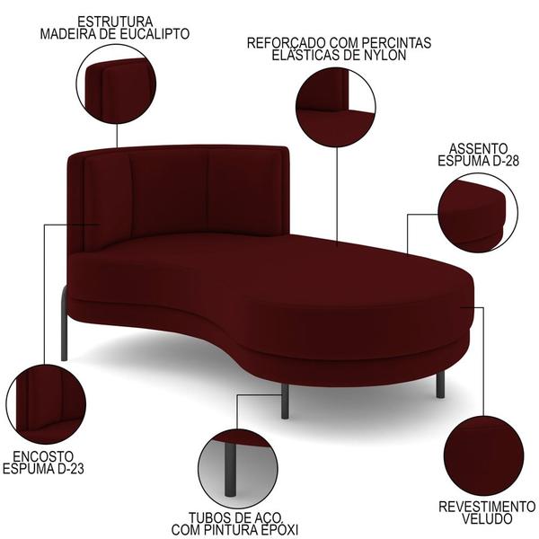 Imagem de Chaise Longue Divã 164cm Braço Esquerdo Logus D06 Veludo Vermelho - Mpozenato