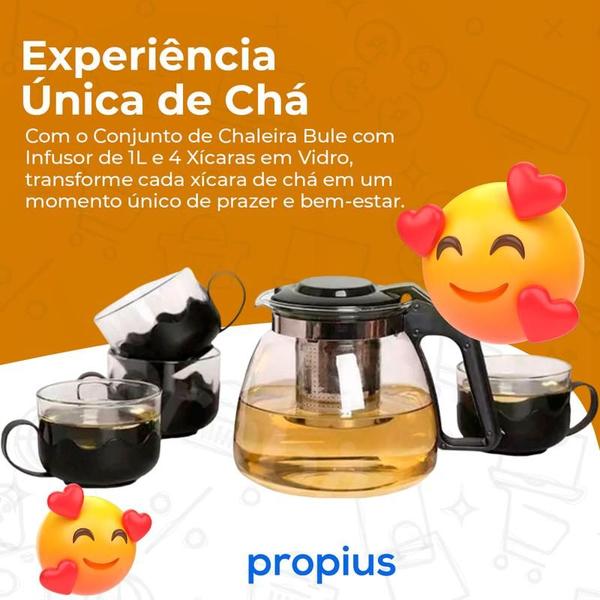 Imagem de Chaleira Bule Com Infusor 1L e 4 Xícaras Em Vidro Café Cozinha Jarra Mesa Esquentar Água Coador Filtro Alça