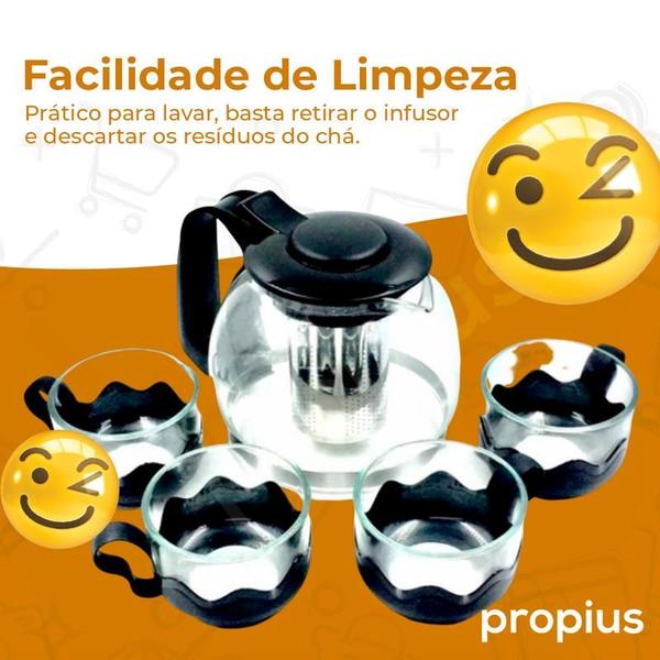 Imagem de Chaleira Bule Com Infusor 1L e 4 Xícaras Em Vidro Inox Café Cozinha Mesa 1000ml Coador Alça