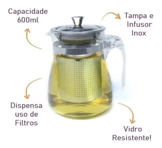 Imagem de Chaleira Bule de Vidro Borossilicato com Infusor Aço Inox Resistente  600ml e 900ml