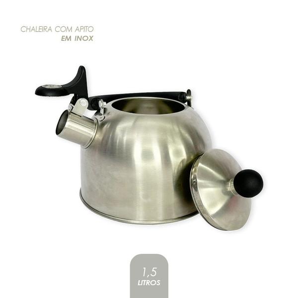Imagem de Chaleira Bule Inox Com Apito 1,5 Litros Alça Termica Aquecer Agua Cafe Cozinha