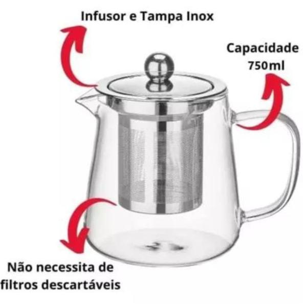 Imagem de Chaleira Bule Vidro Com Infusor Vai Direto Ao Fogo 750ml