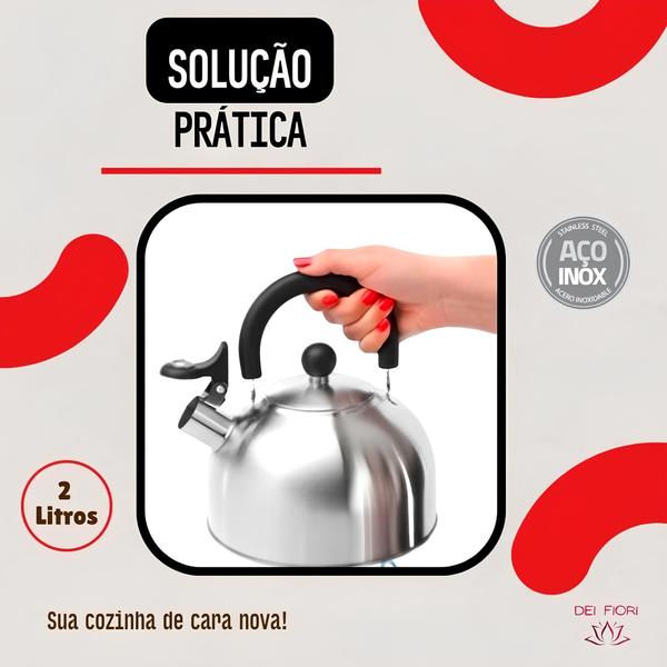 Imagem de Chaleira Com Apito Aço Inox 2 Lts Alça de Baquelite Cha Cafe Agua Resistente Elegante Pratica Segura