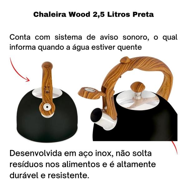 Imagem de Chaleira Com Apito Aço Inox Indução 2,5 Litros Alça Baquelite Leiteira Gourmet Wood Mor