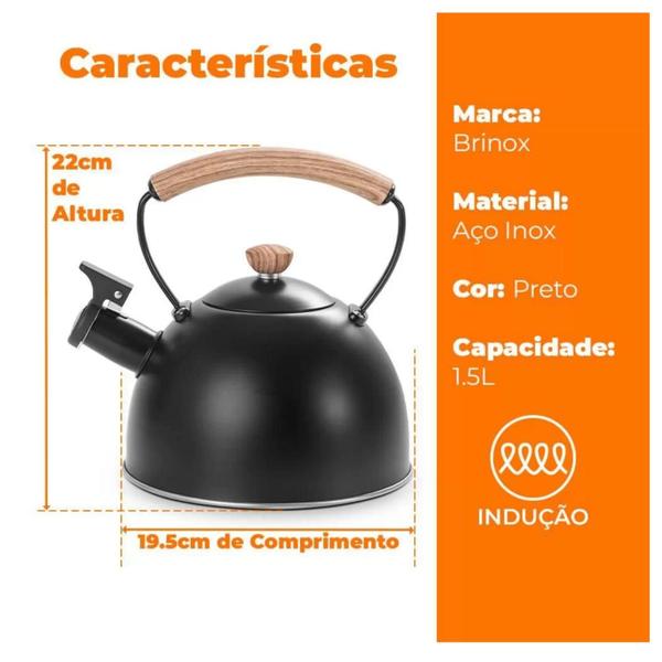 Imagem de Chaleira Com Apito Inox Cooktop Fogão Indução 1,5 Litros Brinox Alça Baquelite Leiteira Roma