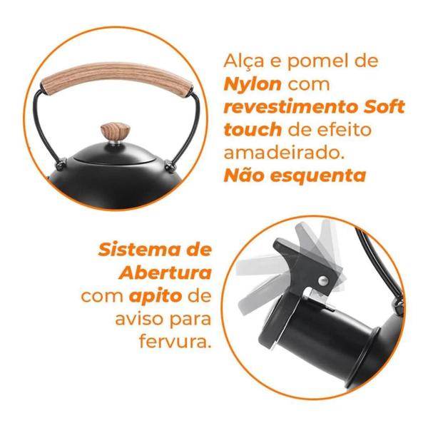 Imagem de Chaleira Com Apito Inox Cooktop Fogão Indução 1,5 Litros Brinox Alça Baquelite Leiteira Roma