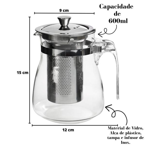 Imagem de Chaleira de vidro com infusor de inox e tampa 600ml para servir chá