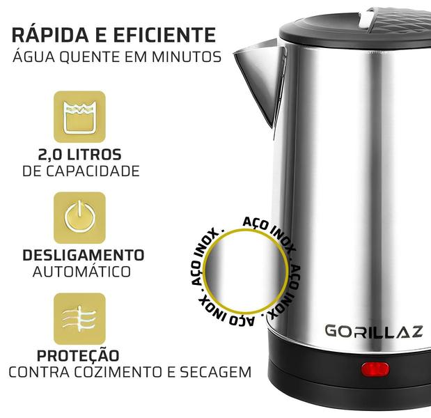 Imagem de Chaleira Elétrica Aço Inox Café Chá 2 Litros Desliga Auto