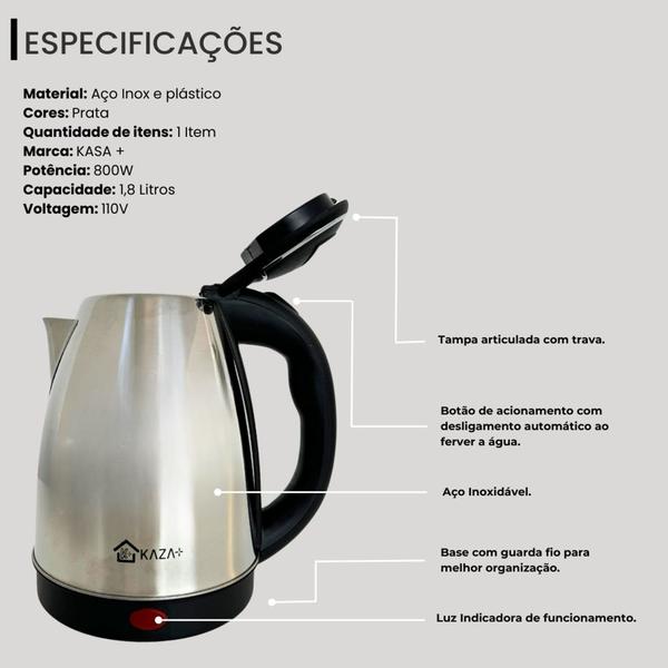 Imagem de Chaleira Elétrica Térmica Inox 1.8 Litros Prata Inox 110v