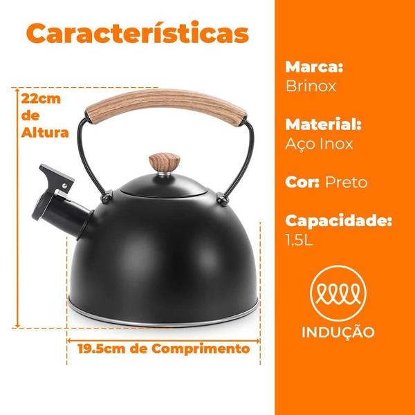 Imagem de Chaleira Inox Apito Indução Preto Roma Vintage Brinox 1,5L