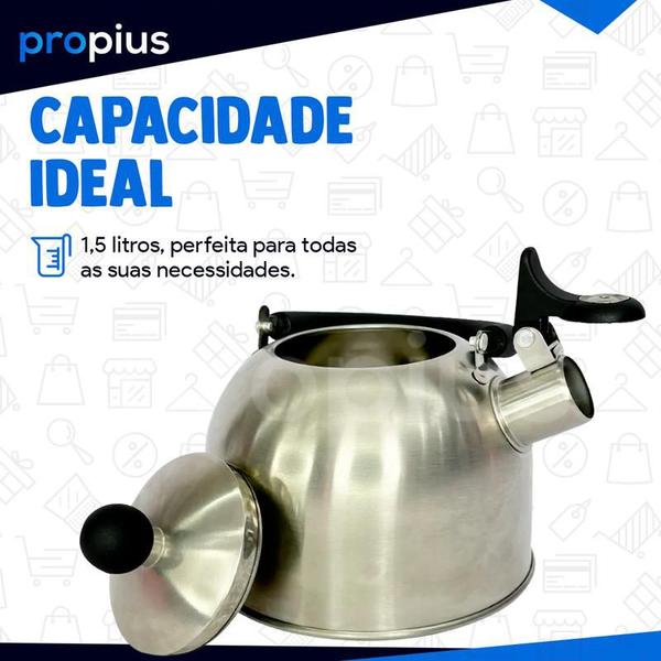 Imagem de Chaleira Inox Com Apito e Tampa Alça Térmica Chá Cozinha 1 Gourmet Que Apita Pequena Café Cromada Aço Inox Punho