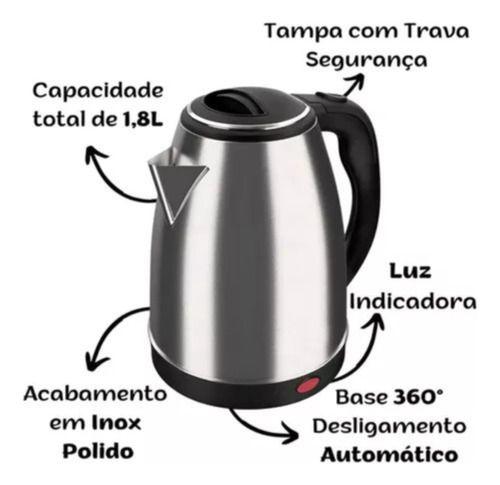 Imagem de Chaleira Inox Elética Base Giratória Portátil Aquecimento Rápido Desligamento Automático Linha Premium 1,8L