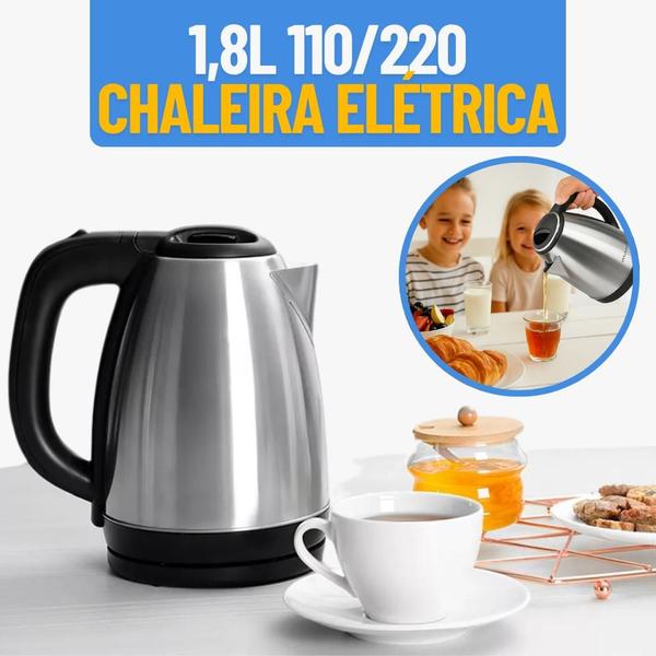 Chaleira Jarra Elétrica Inox 1,8L 110 ou 220 Térmica Café Chá Água Quente Desligamento Aut... Chaleira Jarra Elétrica Inox 1,8L 110 ou 220 Térmica Café Chá Água Quente Desligamento Aut...