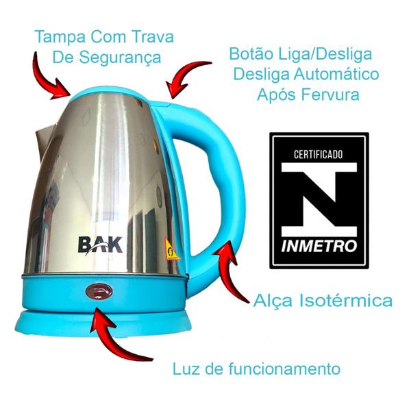 Imagem de Chaleira Jarra Elétrica Inox Prática  Bak 1.8l Café Chá 127V-220V