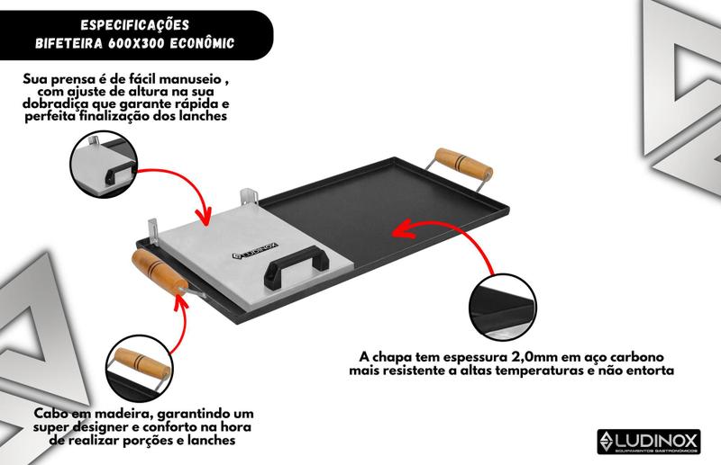 Imagem de Chapa Bifeteira 60x30 Aço Carbono Com Prensa Para Lanches Hamburguer Porções Fogão Fogareiros