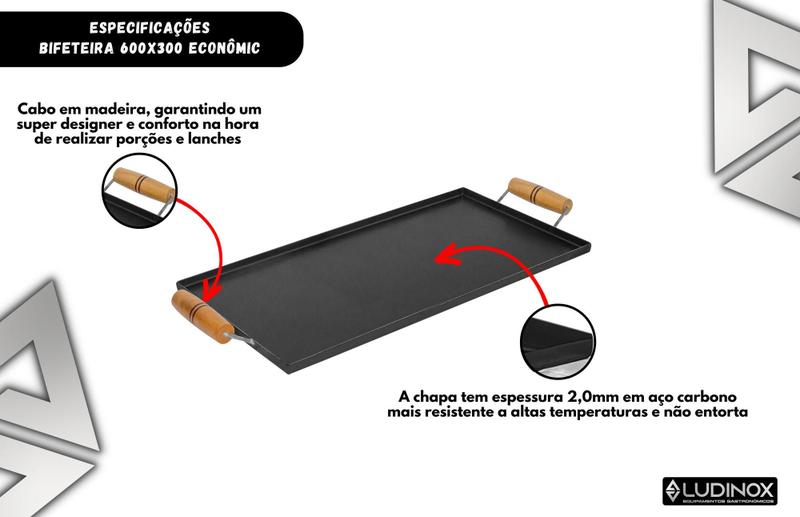 Imagem de Chapa Bifeteira Ludinox 2 Alças De Madeira  44x22
