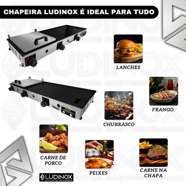 Imagem de Chapa Chapeira 90x30 Ludinox Hamburguer Multiuso Grill Com Prensa