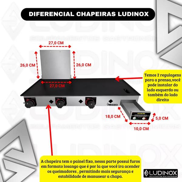 Imagem de Chapa Chapeira Lanches C/ Prensa & Gaveta Ludinox Comercial 80x40