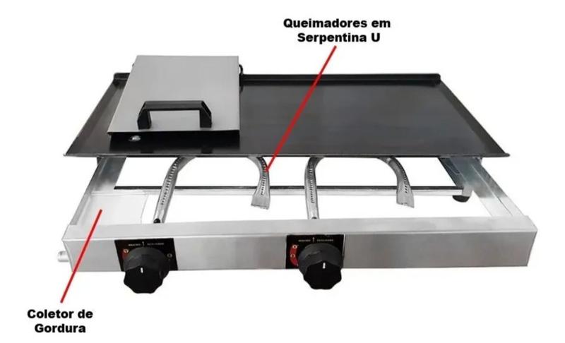 Imagem de Chapa De Lanche Bifeteira Com Prensa 60x30 Inox A Gás 2 Bocas + Anel Ovo It