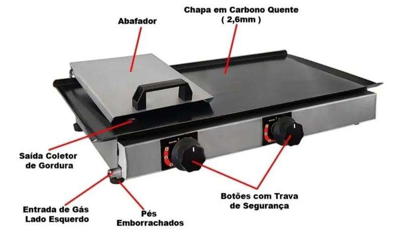 Imagem de Chapa De Lanche Com Prensa 60x30 Inox A Gás 2 Bocas Italima + Anel Ovo