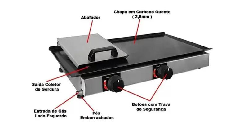 Imagem de Chapa De Lanche Com Prensa 60x30 Inox A Gás 2 Bocas Pratic + Anel de Ovo