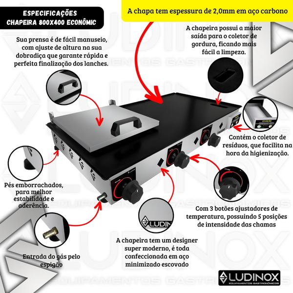 Imagem de Chapa para Lanche Lanchonete Profissional 80X40 LUDINOX