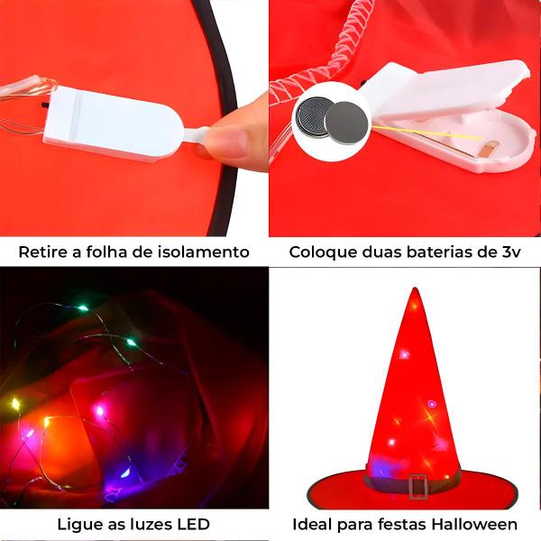 Imagem de Chapéu Bruxa Feiticeira C/ Led Colorida Acessório Halloween 