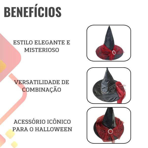 Imagem de Chapéu de Bruxa Preto com Fecho e Renda Vermelha