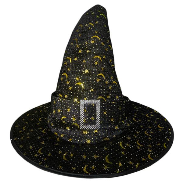 Imagem de Chapéu de Bruxa Preto Veludo com Estrelas e Lua Halloween