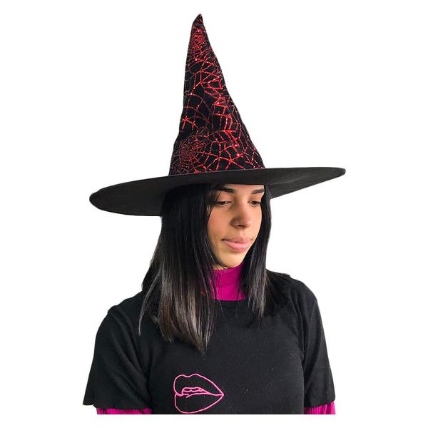 Imagem de Chapéu de Bruxa Preto Veludo com Teia de Glitter Halloween