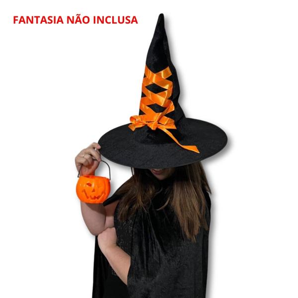 Imagem de Chapéu de Bruxa Veludo com Fita Laranja