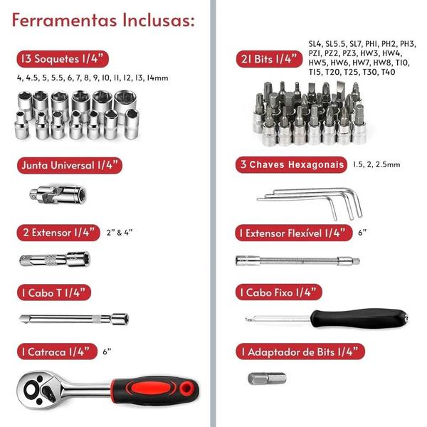 Imagem de Chave Catraca Jogo De Soquetes Ferramentas Sextavado Allen Torx 46 Peças Com Estojo