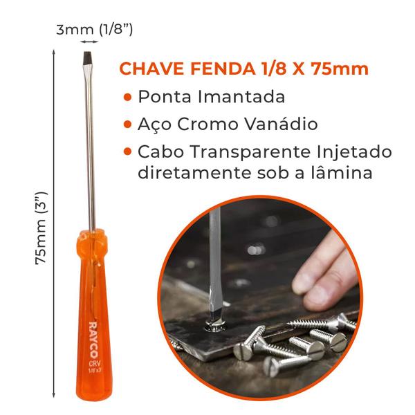 Imagem de Chave de Fenda 1/8 x 75mm Aço Cr-V Imantada Profissional