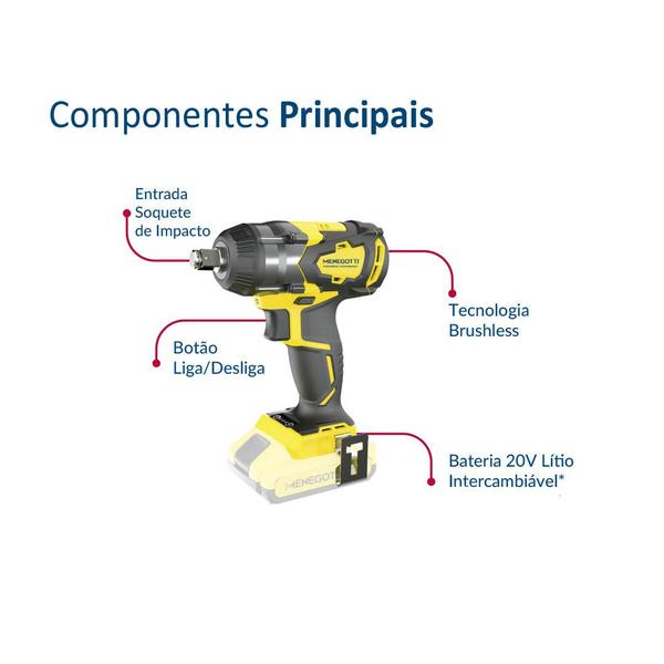 Imagem de Chave de Impacto a bateria Menegotti Mci 21 20v + bat 2,0ah