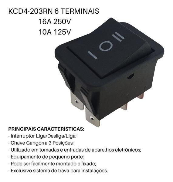 Imagem de Chave Gangorra Interruptor Botão 3 Posições 10A/125 16A/250V - KCD4-203RN Preto