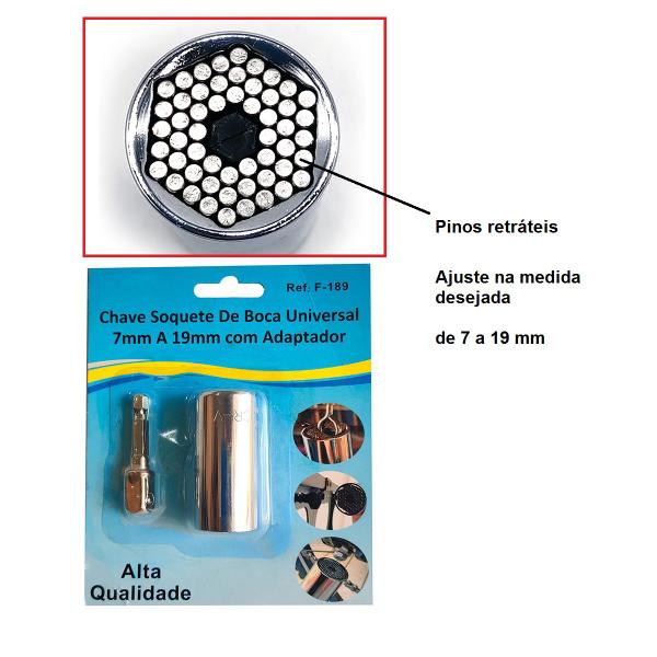 Imagem de Chave Soquete de Boca Universal Inteligente Multidentado Sextavado Estriado 7 A 19 Mm 3/8 com Adaptador Multidimensional p/ chave Catraca Reversível