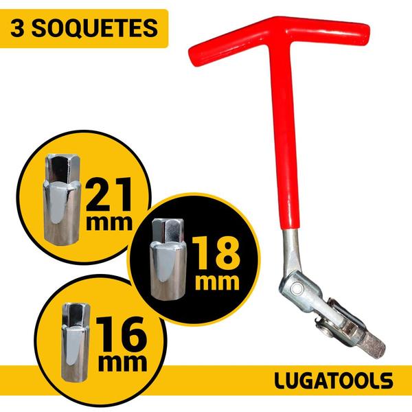 Imagem de Chave Vela Articulada 3 Soquetes 16mm à 21mm Automotiva Veicular Lugatools