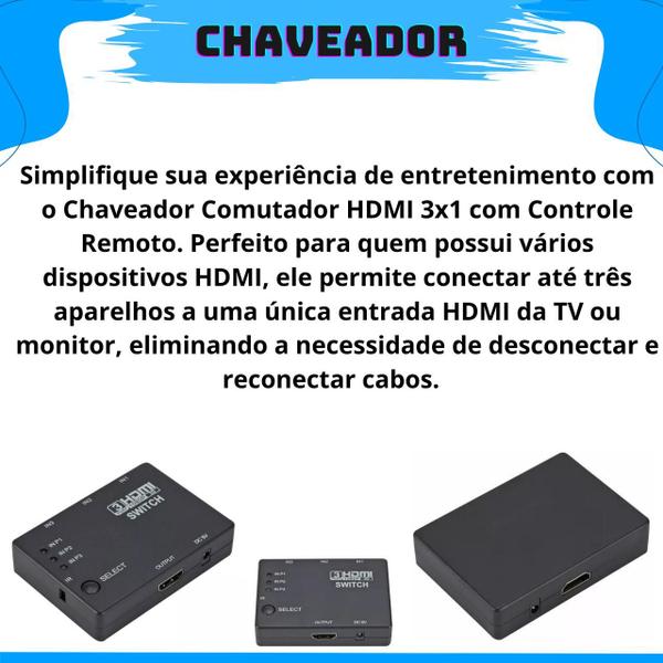 Imagem de Chaveador Computador Notebook Pc Gamer Hdmi 3x1 Switch Com Controle Remoto 1080p Hd