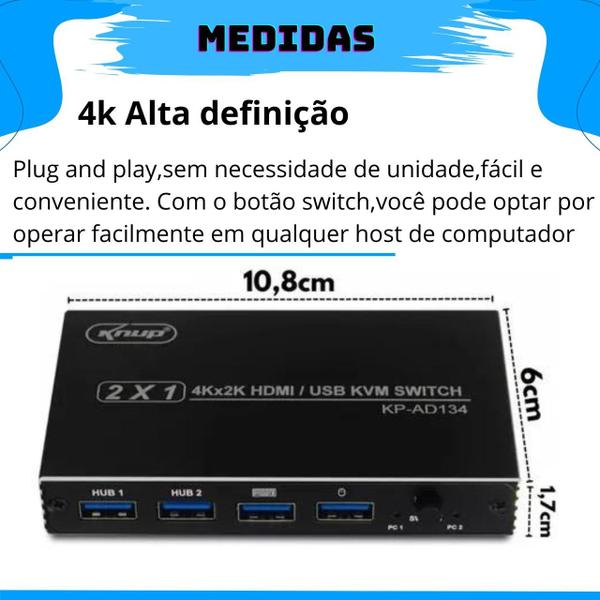 Imagem de Chaveador Hub Switch Kvm Hdmi Usb 2 Portas 4k Hdcp 2.0