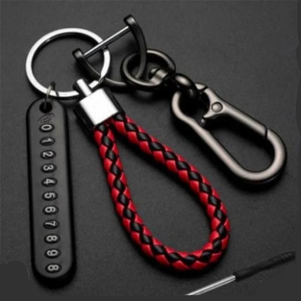 Chaveiro de Couro Trançado Anti-Perda com Porta-Cartões e Número de Telefone Imagem de Chaveiro de Couro Trançado Anti-Perda com Porta-Cartões e Número de Telefone