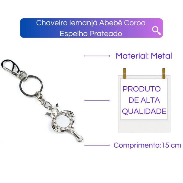 Imagem de Chaveiro Iemanjá Abebe Coroa Espelho Prateado 15 cm Metal