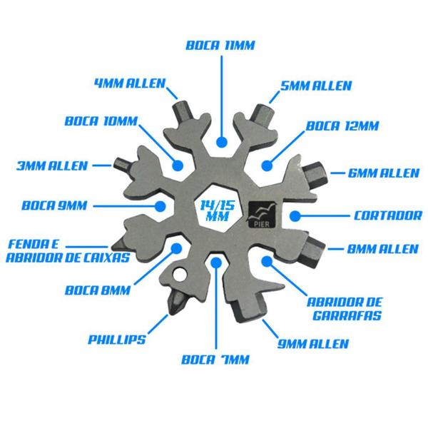Imagem de Chaveiro Multifunção Chaves de Fenda Phillips boca e Allen - Ferramenta Snowflake Prata