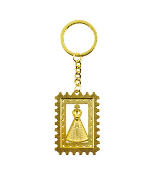 Chaveiro Nossa Senhora Aparecida Aura Retangular Prateada ou Dourada 5cm - Tasco Imagem de Chaveiro Nossa Senhora Aparecida Aura Retangular Prateada ou Dourada 5cm