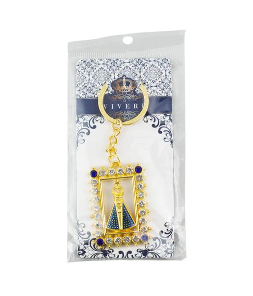 Chaveiro Nossa Senhora Aparecida Aura Retangular Prateada ou Dourada 5cm - Tasco Imagem de Chaveiro Nossa Senhora Aparecida Aura Retangular Prateada ou Dourada 5cm