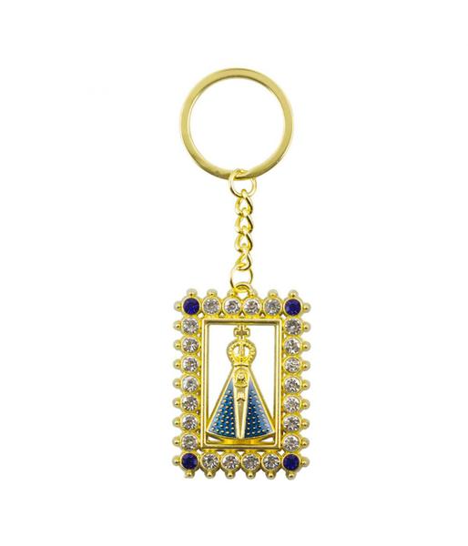 Chaveiro Nossa Senhora Aparecida Aura Retangular Prateada ou Dourada 5cm - Tasco Imagem de Chaveiro Nossa Senhora Aparecida Aura Retangular Prateada ou Dourada 5cm