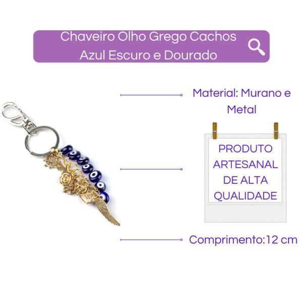 Imagem de Chaveiro Olho Grego Cachos Azul Escuro e Dourado 12cm Murano